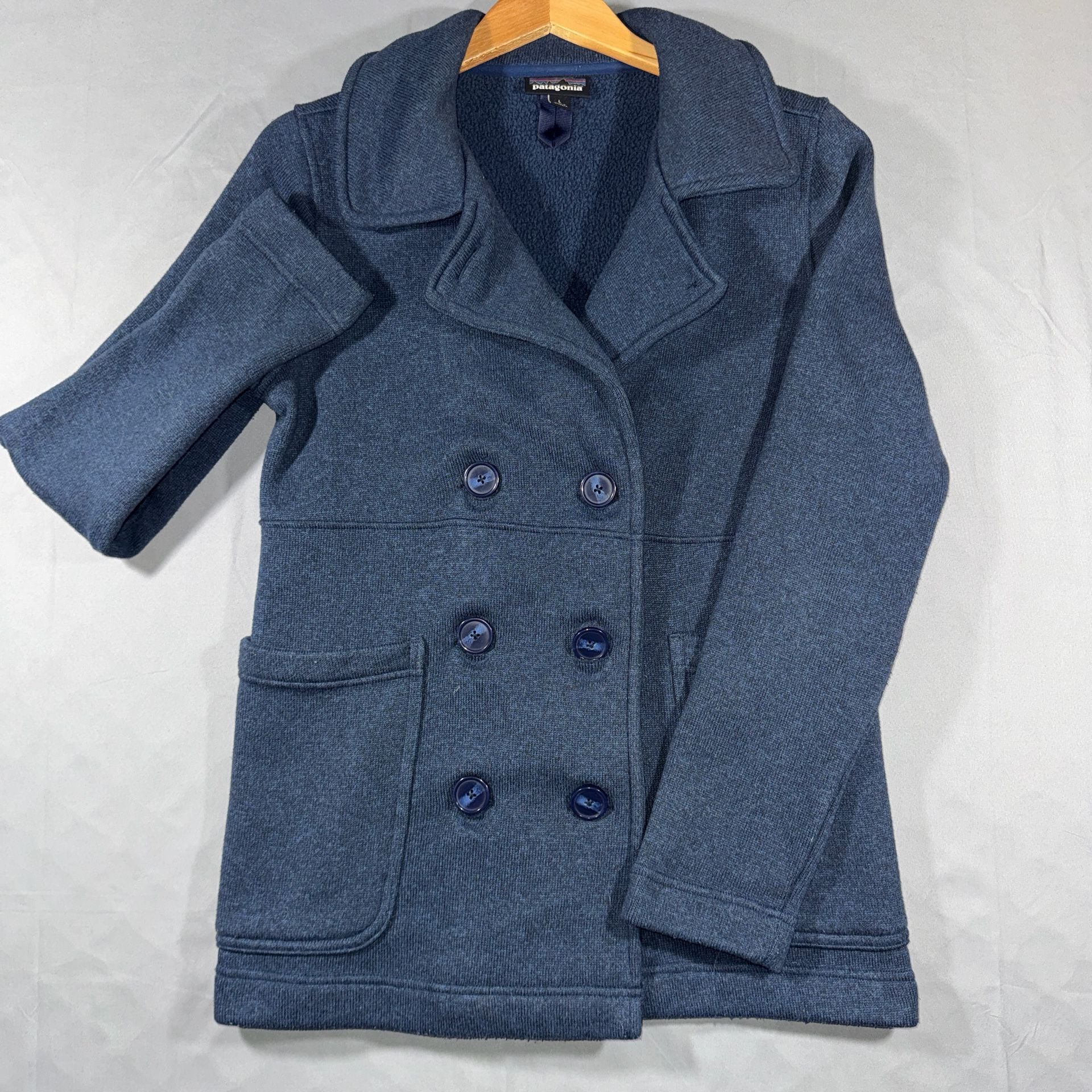 Patagonia Womens Pea Coat Fleece Collared Button Up Double Breasted Navy Large
